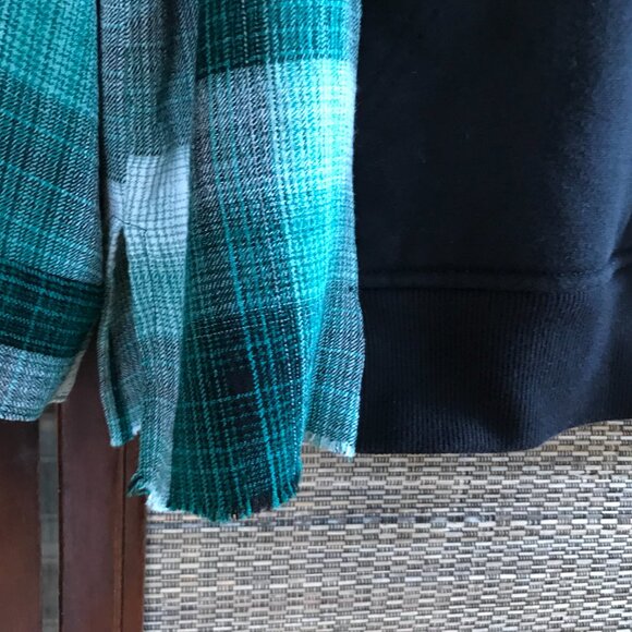 Upcycled Patchwork Jacket, M-L: Flannel Hoodie Sweatshirt, Green Plaid, Star - Picture 10 of 11